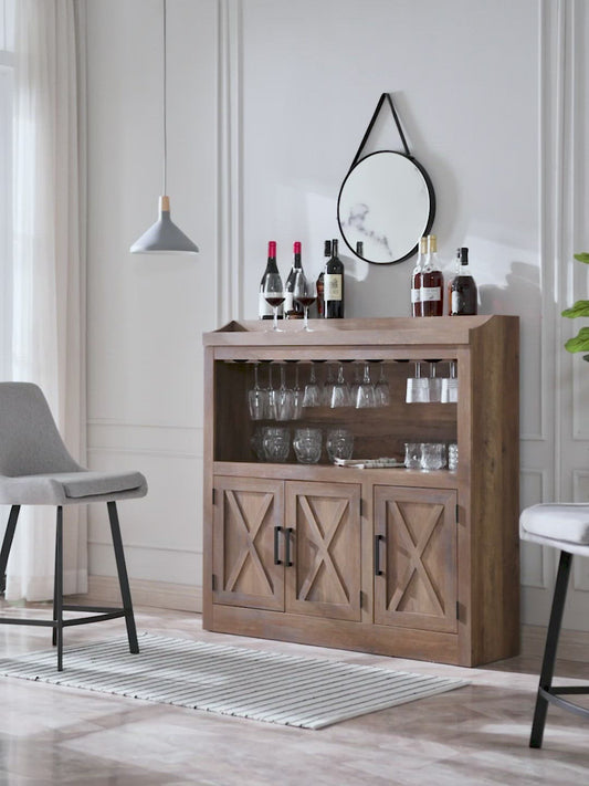 Bar Cabinet with Stem Glass Placement and Wooden Doors