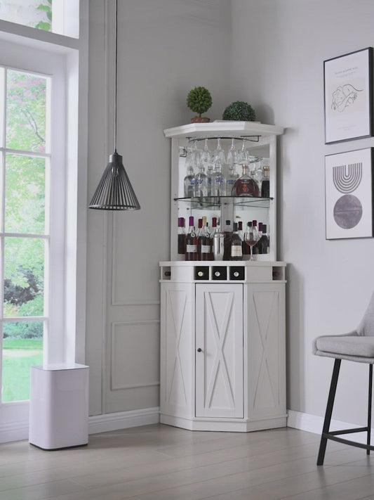 Corner Bar Unit with built-in Wine Rack and Lower Cabinet